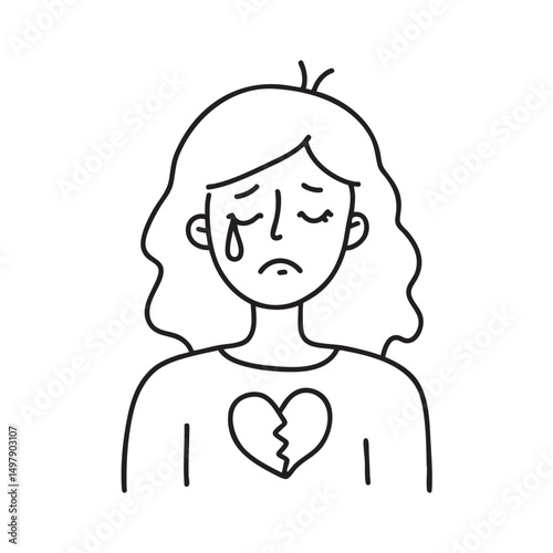 Woman crying beside a broken heart symbol
