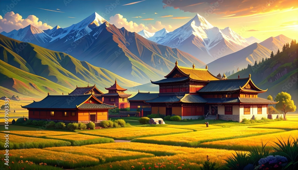 Fototapeta premium Serene Tibetan Monastery Nestled Among Majestic Mountain Peaks