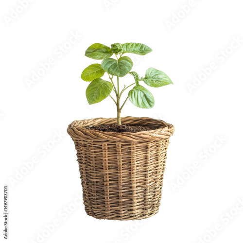 Young plant in a woven basket