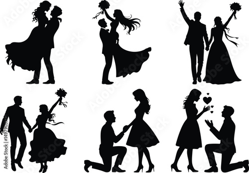 Bride and Groom Black Silhouette Vector Illustration Set. Romantic Wedding Couple Vector, Elegant Wedding Couple , Bride and Groom in Love, Kissing, Wedding Day, Dancing Bride and Groom, Bridal Couple