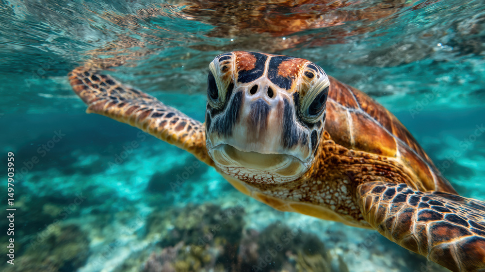 Fototapeta premium Close up underwater view of sea turtle swimming near surface in clear blue ocean water, showing detailed shell and face