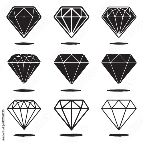 Diamond icon set. Different shapes of diamond cuts. Dimond icon set in flat style. Abstract black diamond collection icons. Gemstone icon set. Diamonds logo design. Vector illustration.