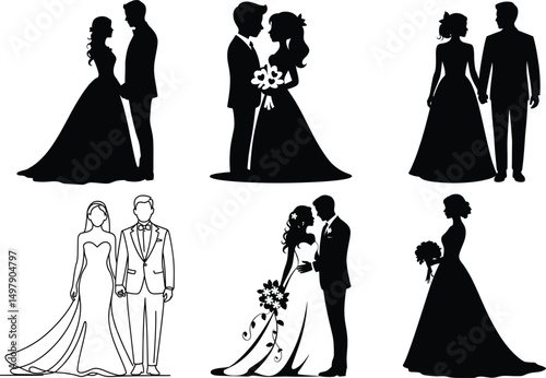 Bride and Groom Black Silhouette Vector Illustration Set. Romantic Wedding Couple Vector, Elegant Wedding Couple , Bride and Groom in Love, Kissing, Wedding Day, Dancing Bride and Groom, Bridal Couple