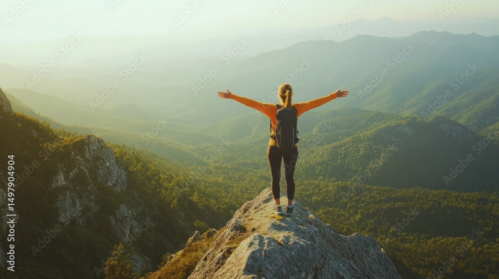 Triumphant Hiker on Mountaintop at Sunrise Triumphant Hiker on Mountaintop at Sunrise