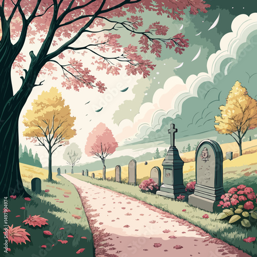 Scenic cemetery path with autumn trees in illustrated style