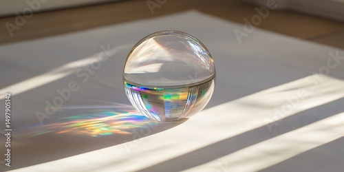 Clear glass orb reflecting rainbow light on a white surface with shadow lines cast across the scene