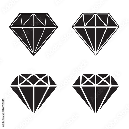Diamond icon set. Different shapes of diamond cuts. Dimond icon set in flat style. Abstract black diamond collection icons. Gemstone icon set. Diamonds logo design. Vector illustration.