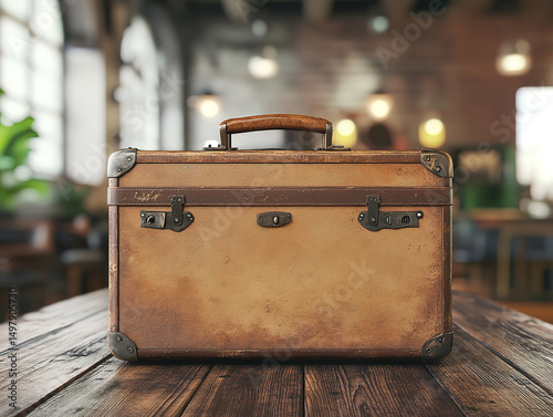 Holiday Suitcase Placed on a Wooden Table