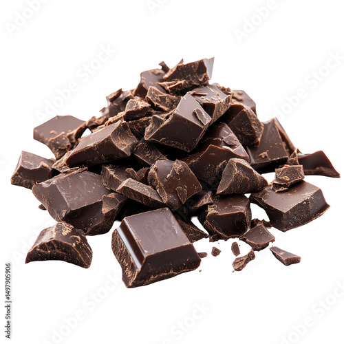 A pile of dark chocolate chunks, broken and uneven, showcasing rich brown hues and a glossy texture
