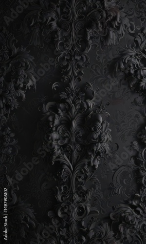 Black gothic wallpaper, swirling floral damask , plant, decor, image