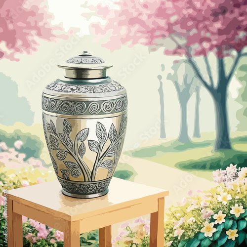 Ornate funeral urn on table in spring garden illustration
