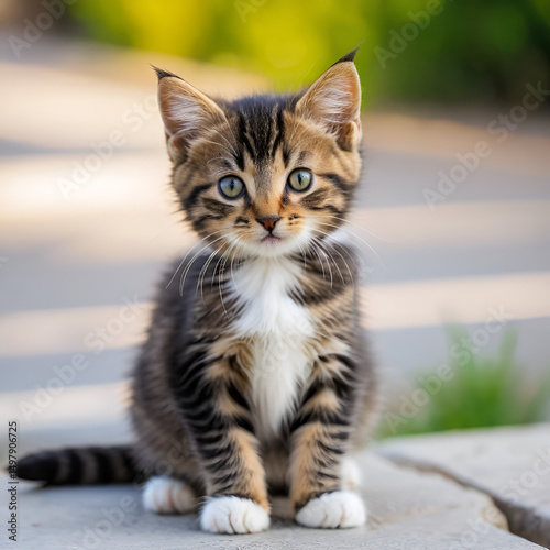 Portrait of a stray kitten cat on a blurred background. Selective focus