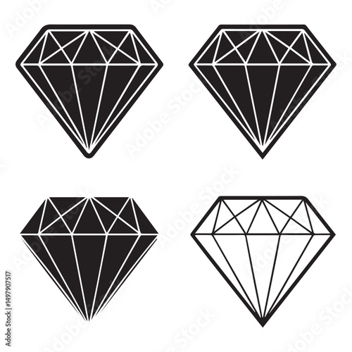 Diamond icon set. Different shapes of diamond cuts. Dimond icon set in flat style. Abstract black diamond collection icons. Gemstone icon set. Diamonds logo