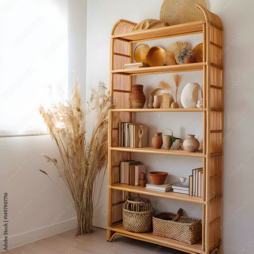 Fototapeta premium A wooden bookshelf with a white wall behind it
