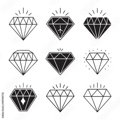 Diamond icon set. Different shapes of diamond cuts. Dimond icon set in flat style. Abstract black diamond collection icons. Gemstone icon set. Diamonds logo