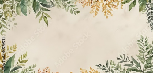Watercolor painted leaves and branches frame bifold template ,  sympathy,  greenery,  vintage