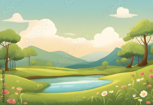 cartoon river landscape, mountain stream cartoon, lake valley background, flowing water illustration, blue river hills, waterfall cartoon scene, freshwater environment art, calm lake cartoon, riverban