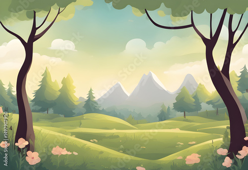 sunrise mountain cartoon, glowing sunset hills, dawn valley illustration, golden hour landscape, warm light scenery, orange sky cartoon, evening mountains background, pastel sunset landscape, soft daw