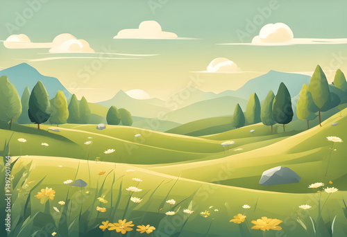 cartoon forest background, green trees landscape, pine forest cartoon, leafy hills scenery, jungle mountain background, woodland cartoon scene, bushes and grass landscape, tall trees illustration, for