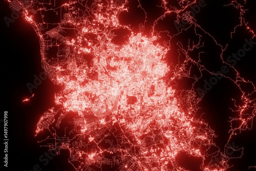 Street map of Kuala Lumpur (Malaysia) made with red illumination and glow effect. Top view on roads network. 3d render, illustration
