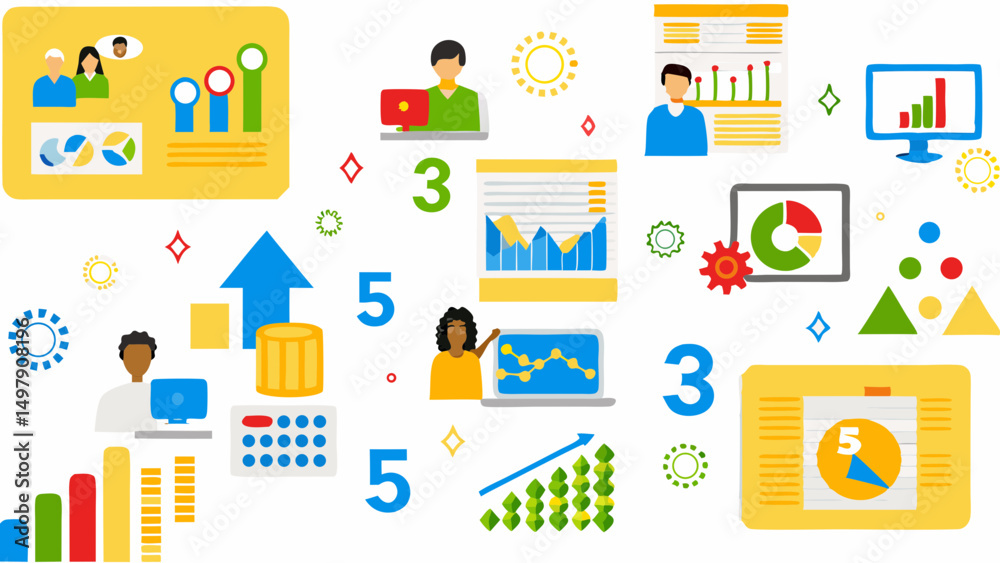 Illustration showcasing business analytics with charts graphs and data visualization elements in bright colors Illustration showcasing business analytics with charts graphs and data visualization elements in bright colors