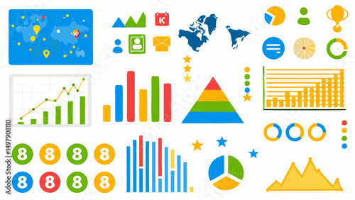 Illustration showing various types of data visualization charts and graphs with world map and other icons