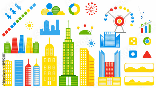 Illustration of a colorful cityscape with skyscrapers, a ferris wheel, and various graphic elements