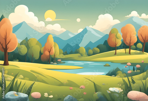 cartoon sky background, fluffy clouds cartoon, blue sky mountain scene, sunlight over hills, glowing horizon cartoon, bright daylight sky, soft cloud scenery, gradient sky landscape, floating clouds c