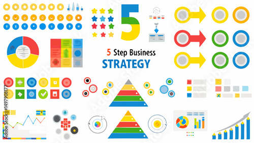 Collection of colorful business strategy infographics and data visualization elements arranged together nicely
