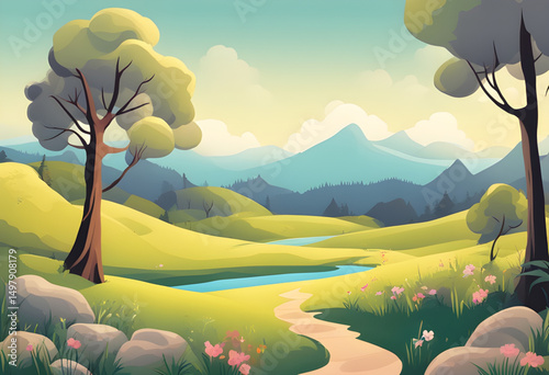 peaceful mountain scene, calm green valley, relaxing nature background, stress free landscape, meditation cartoon scene, wellness environment art, soothing nature illustration, mindfulness background,
