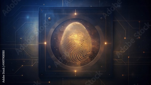Biometric Identity in Manufacturing. A glowing digital fingerprint at the center of a futuristic circuit board, symbolizing advanced biometric security technology.