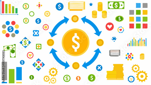 Illustration showing money circulation with coins, arrows, graphs and various financial icons around