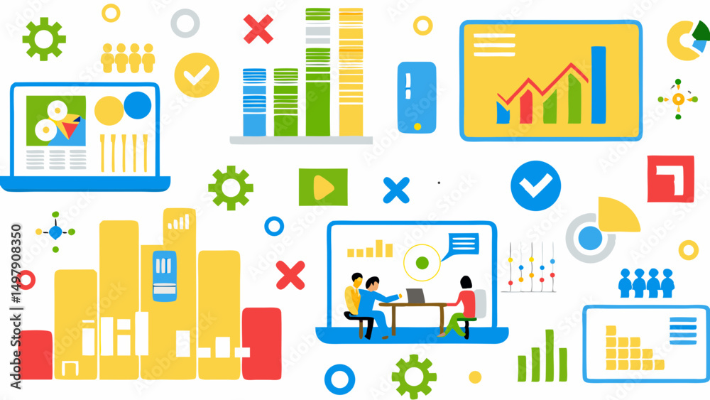 Illustration showing business analytics with charts graphs and team meeting on laptop screen and data icons Illustration showing business analytics with charts graphs and team meeting on laptop screen and data icons