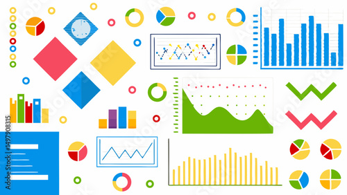 Illustration of various colorful data visualization elements including charts graphs and diagrams scattered around