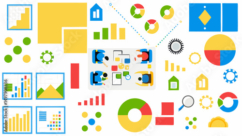 Illustration showing business meeting with charts graphs and data visualization elements arranged nicely