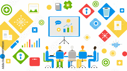 Illustration of a business meeting with a presentation board and various graphic elements around it