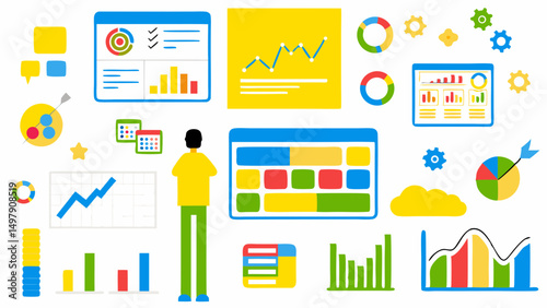 Illustration showing a person surrounded by colorful data charts and graphs on a white background