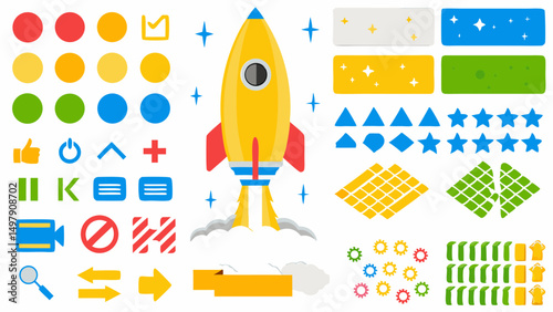 Illustration of a yellow rocket launching with various colorful icons and shapes arranged around it nicely
