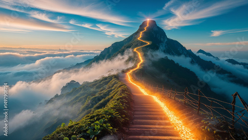 A mesmerizing mountain path illuminated by a glowing trail leads to the sky at dawn.
