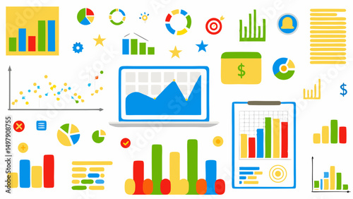 Illustration of various data visualization elements including charts graphs and financial icons on white background