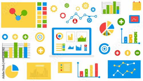 Illustration of data analytics and business intelligence elements with charts and graphs displayed on screen