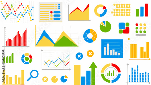 Illustration showing various types of colorful charts and graphs for data representation and analysis purposes