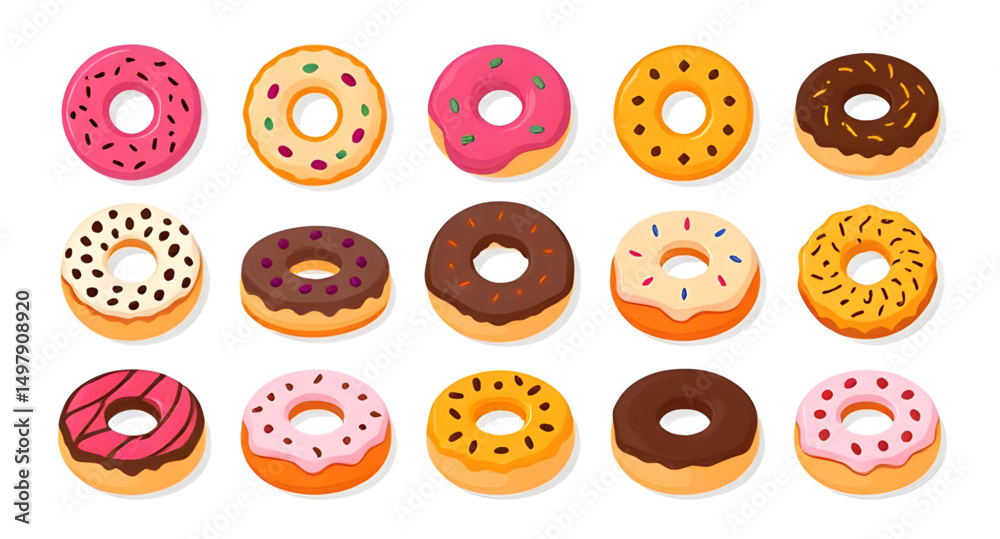 Obraz premium Doughnut, Donut, Glazed doughnut, Frosted donut, Sprinkle donut, Chocolate donut, Pink frosted donut, Donut with sprinkles, Cartoon doughnut, Donut icon, Doughnut vector, Sweet pastry, Bakery doughnut