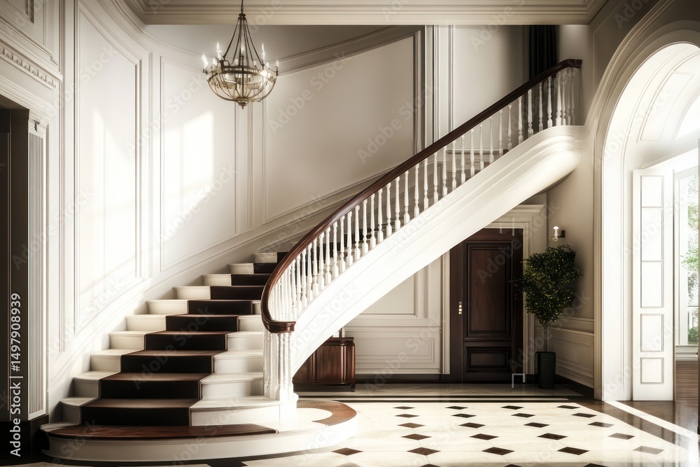 Obraz premium Grand, curving staircase in a sunlit, elegant foyer