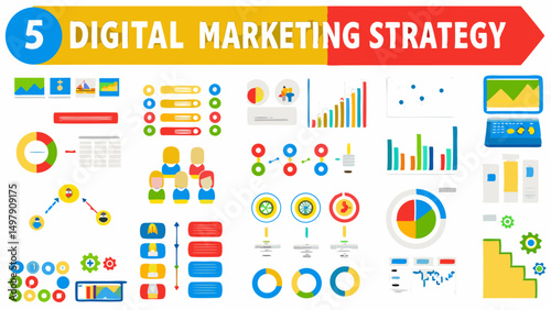 Illustration showing digital marketing strategy with charts graphs and team of people in various layouts