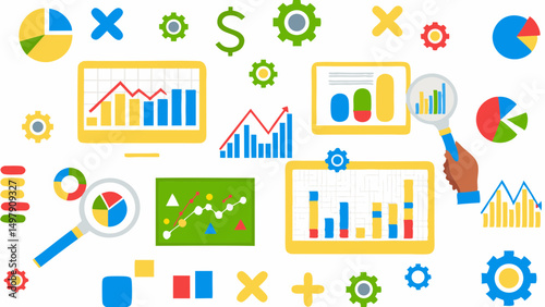 Illustration showing data analysis with charts graphs and magnifying glasses on a white background view