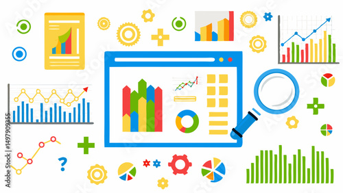 Illustration of data analysis elements with charts graphs gears plus signs and a magnifying glass tool set