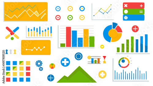 Collection of colorful data visualization elements including charts graphs and diagrams spread out evenly