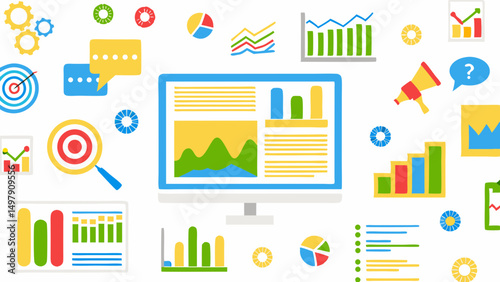 Illustration of data analysis and business intelligence elements with charts and graphs on a computer screen