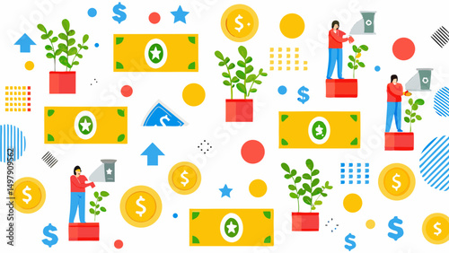 Illustration depicting financial growth with money, plants, and people nurturing investments for success